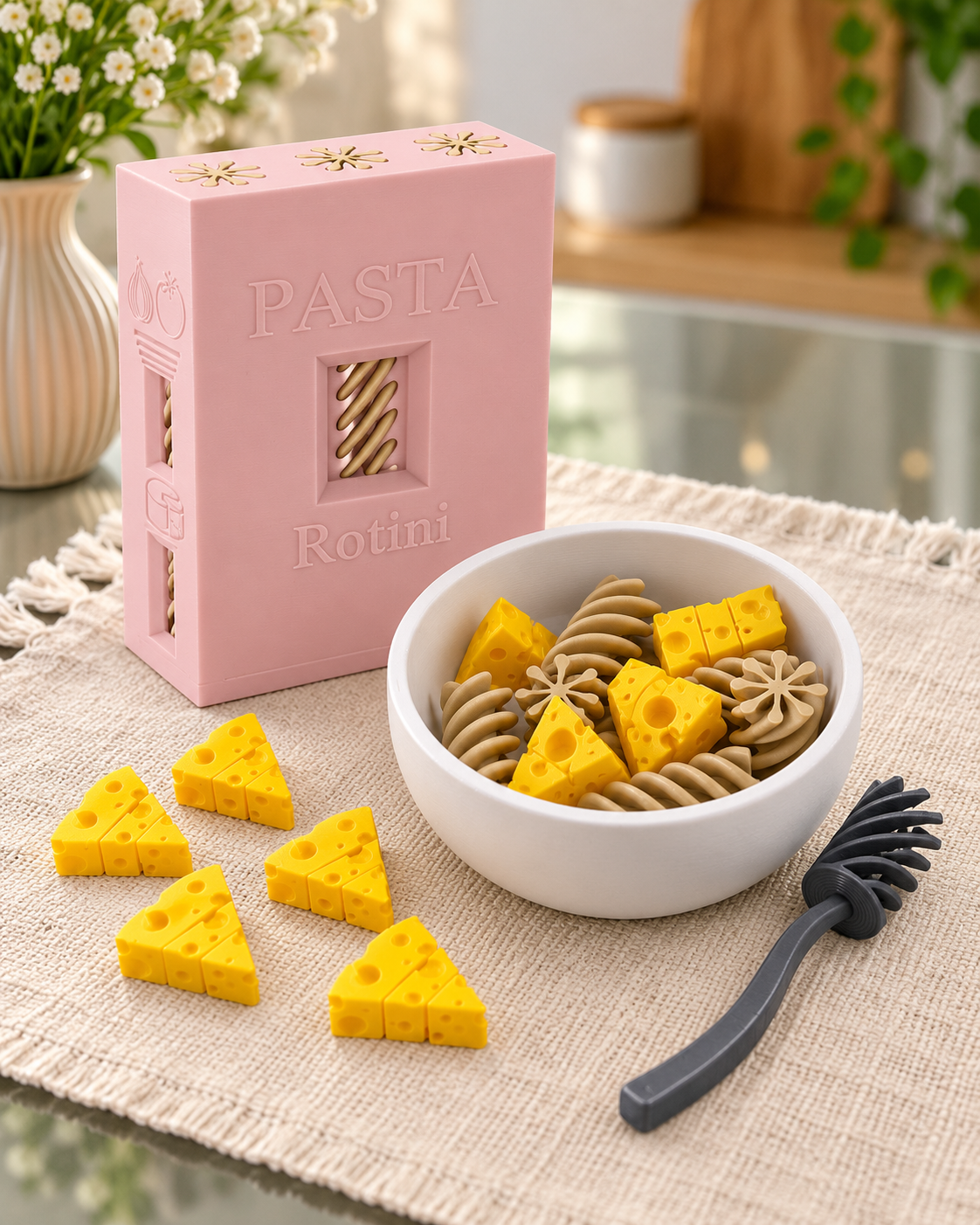 Macarrão de Brinquedo Infantil Sensorial - Kit com Bowl, Queijo e Colher