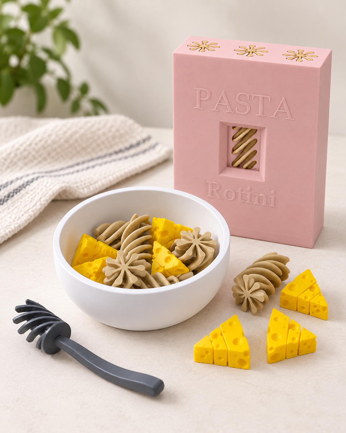 Macarrão de Brinquedo Infantil Sensorial - Kit com Bowl, Queijo e Colher